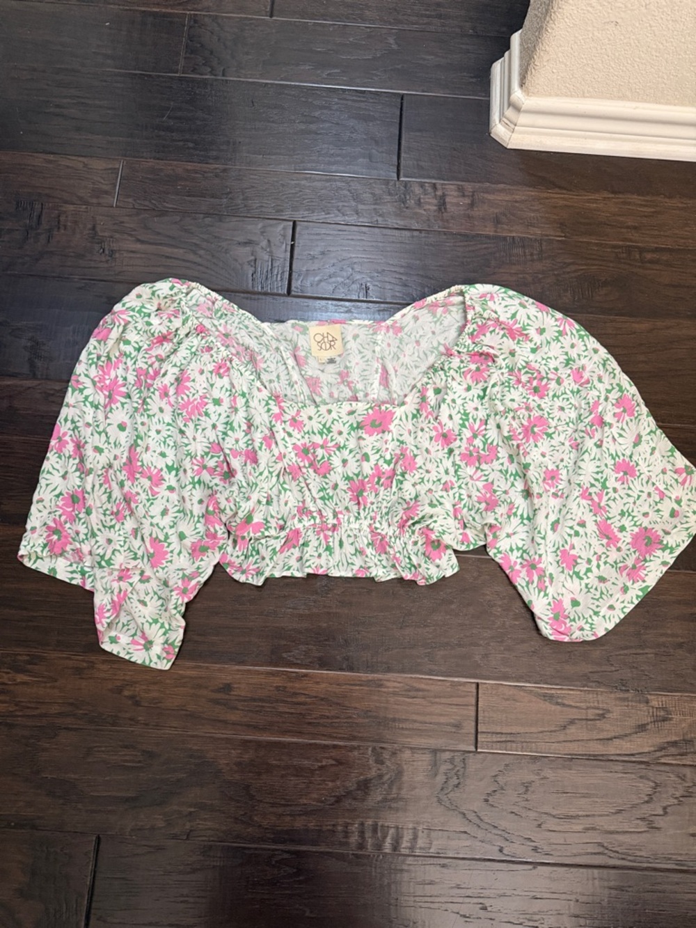 Chaser Floral Peplum Ruffle Crop Blouse Gauzy Rayon Large Like New